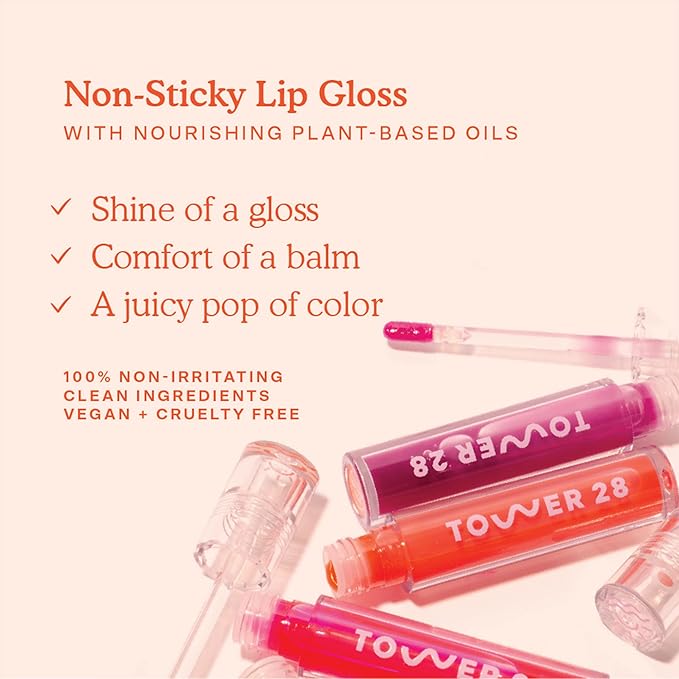 Tower 28 ShineOn Lip Jelly, FIRE, Non-Sticky, Hydrating Vegan Lip Gloss in Sheer Orange, Moisturizing Apricot and Raspberry Seed Oil, Clean, Cruelty Free