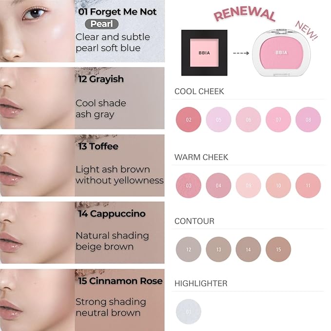 BBIA Last Blush NEW 15 Colors - Cheek Blush Shaping Shading Contour & Highlight Long-Lasting Matte Finish Natural Shades Buildable & Blendable Daily Korean Face Makeup (01 FORGET ME NOT, Pack of 1)
