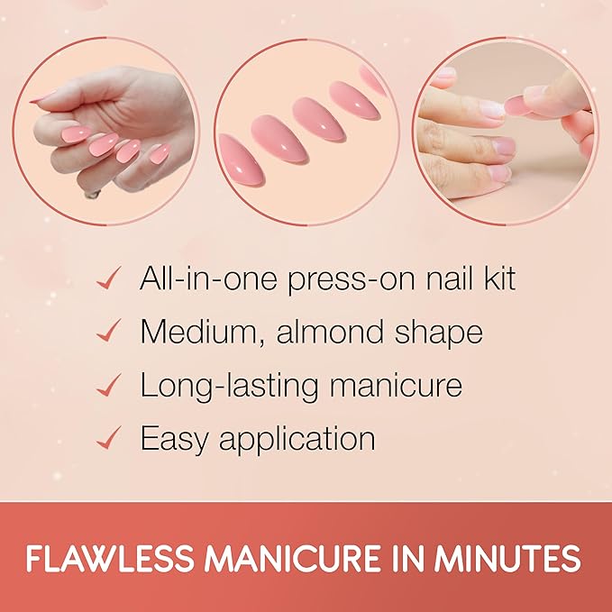 Ardell Nail Addict Naked Monarch, Press On Nails, Medium Almond Shape, Nail Kit, 1-Pack