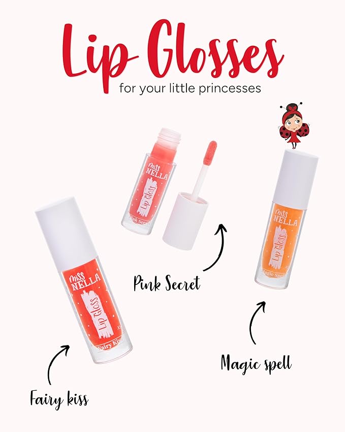 MISS NELLA Pink Secret Lip Gloss, Pink hydrating children Lip Gloss, watermelon scent, gentle on the skin. gives a sheer kiss of colour, with extra shine.
