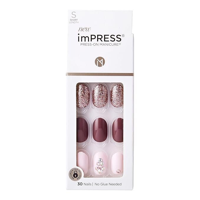 KISS imPRESS No Glue Mani Press On Nails, Design, 'Reset', Multicolor, Short Size, Oval Shape, Includes 30 Nails, Prep Pad, Instructions Sheet, 1 Manicure Stick, 1 Mini File