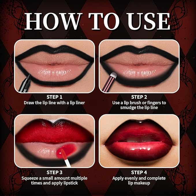 Vinyl Red Velvet Ink Liquid Lipstick with Black Lip Liner Gothic Lip Combo Halloween Makeup, Long Wear Waterproof Lip Gloss Non Sticky Moisturizing Lip Stain Tint Glossy Lip Color for Women