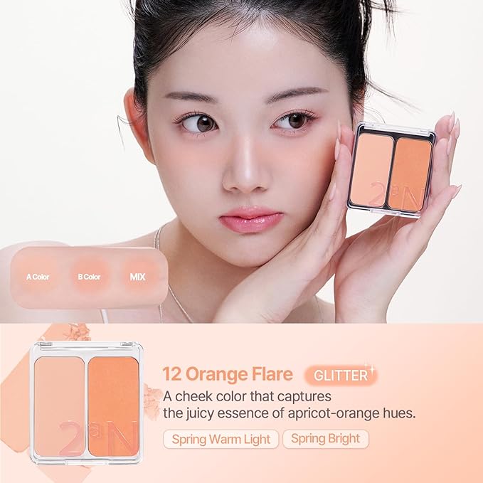 2aN Dual Color Face Blusher, Buildable & Blendable Cheek Color, Natural & Vibrant Finish, Long-Lasting Powder Blush, Blends Easily with Natural Skin Tones, Korean Beauty (12 Orange Flare)