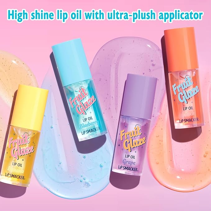 Lip Smacker Fruit Glaze Lip Oil, Ultra-Hydrating & Moisturizing with High-Shine Finish, Plush Applicator for Effortless Glide, Delicious Non-Sticky Flavor - Blueberry