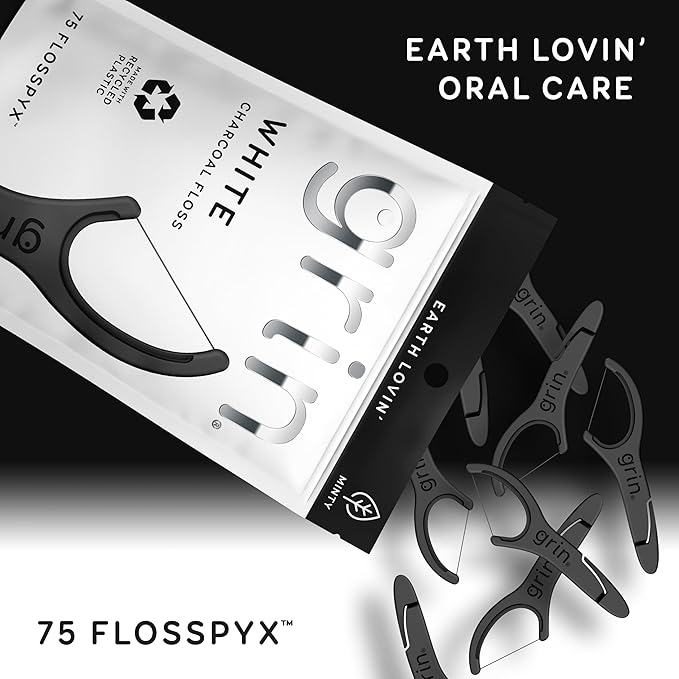 GRIN White Charcoal Infused Flosspyx, 75 Count, Dental Flossers, Minty Flavor, Recycled Plastic, Charcoal Infused Floss Picks, Premium Longer Floss Head, Easy Slide, Includes Soft Fold-Back Tooth Pick