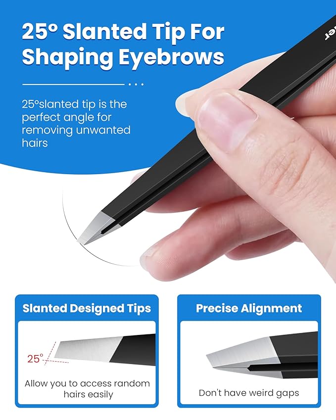 Expert Slant Tip Tweezers with Leather Case, GlamTweeler Sharp & Precision Stainless Steel Tweezer for Eyebrows, Facial Hair and Fine Hairs Removal (Black)