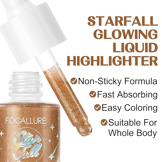 FOCALLURE Starfall Glowing Liquid Highlighter, Shimmering Body Oil,