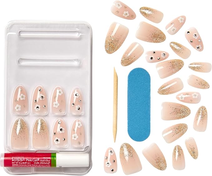 KISS Classy Nails Premium, Press-On Nails, Nail glue included, 'Gleamin', White, Medium Size, Almond Shape, Includes 30 Nails, 2G Glue, 1 Manicure Stick, 1 Mini File