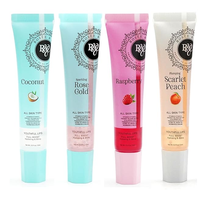 ROSÉE & CO Rosee Lip Gloss Vegan & Cruelty Free Treatment, Professional Make up, Long Lasting Glossy with Shea Butter, Moisturize, Protect & Smooth, High Shine, Non-Sticky - Set of 4-1
