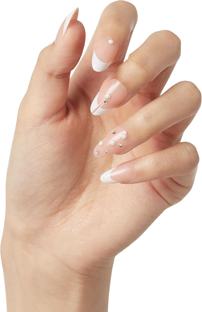 KISS Classy Nails Premium, Press-On Nails, Nail glue included, 'Highlights', French, Medium Size, Almond Shape, Includes 30 Nails, 2g glue, 1 Manicure Stick, 1 Mini File