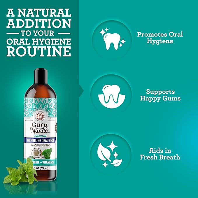 GuruNanda CocoMint Oil Pulling Mouthwash for Complete Oral Hygiene, 7 Essential Oils & Vitamins for Happy Teeth & Gums & Fresh Breath , Alcohol-Free, 8 oz