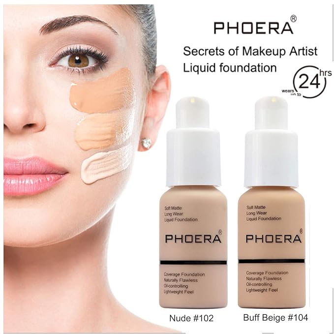 2 Pcs Phoera Foundation Makeup 102 and iquid Flat Top 104 L