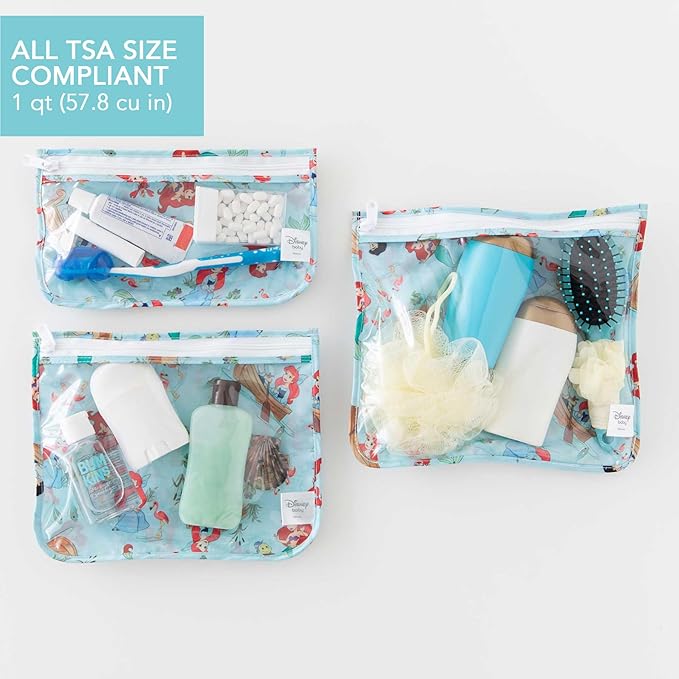 Bumkins Disney Ariel Travel Bag, Toiletry, TSA Approved Pouch, Zip Bag, Quart Size Airline Compliant, Clear-Sided, Baby, Diaper Bag Organization, Makeup, Accessories, Packing, Set of 3 Sizes