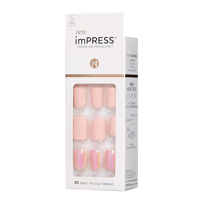 KISS imPRESS No Glue Mani Press On Nails, Design, 'Keep in Touch', Pink, Short Size, Squoval Shape, Includes 30 Nails, Prep Pad, Instructions Sheet, 1 Manicure Stick, 1 Mini File