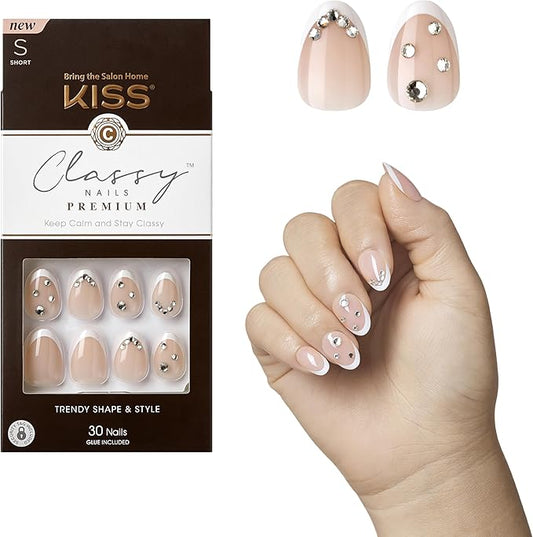 KISS Classy Nails Premium, Press-On Nails, Nail glue included, 'Prevailing', Light White, Short Size, Almond Shape, Includes 30 Nails, 2G Glue, 1 Manicure Stick, 1 Mini File