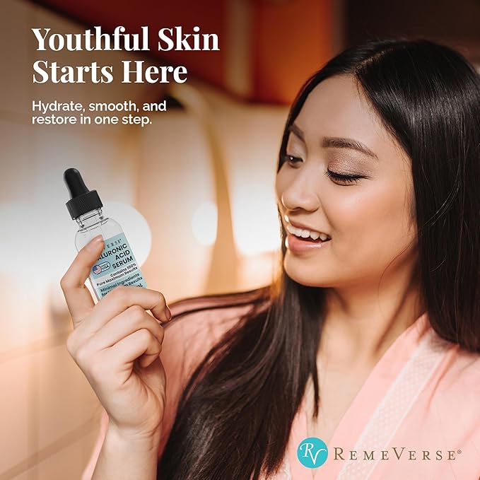 RemeVerse Hyaluronic Acid Serum - 100% Pure Formulation for Face, Lips & Décolleté - Intense Moisture for Dry Skin & Fine Lines - Wrinkle-Reducing Formula for a Youthful & Plump Appearance, 1 oz