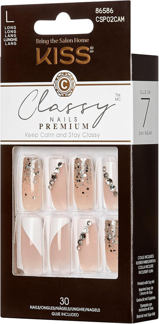 KISS Premium Classy Fake Nails French Manicure Set with Jeweled Rhinestone Nail Art Accents, Gorgeous', 30 Glue-On Nails 1 Count (Pack of 1)