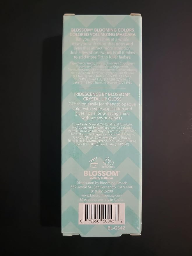 Blossom Liquid Volumizing Water Resistant Color Mascara, Iridescence Watermelon Flavored Glitter Shimmer Sparkle Crystal Lip Gloss, 0.22 fl. oz, 2 pack, Aqua Verde/Ombre Opal Princess Cut