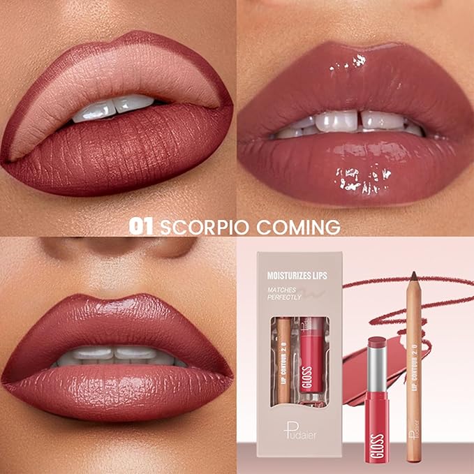 2Pcs Lipstick and Lip Liner Combo, Lip Liner and Lip Gloss Kit for Women, Matte Lip Pencil and Smooth Hydrating Lipstick with Sharpener, Non-Stick Lip Makeup Set