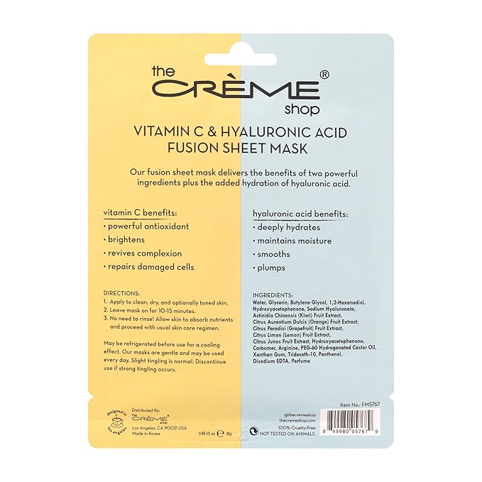 The Crème Shop - Vitamin C & Hyaluronic Acid Fusion Full Face Masks, Korean Facial Skin Care and Moisturizer - Hydrating, blackhead remover, scar cream Natural Beauty Essence - 5 Sheets Set