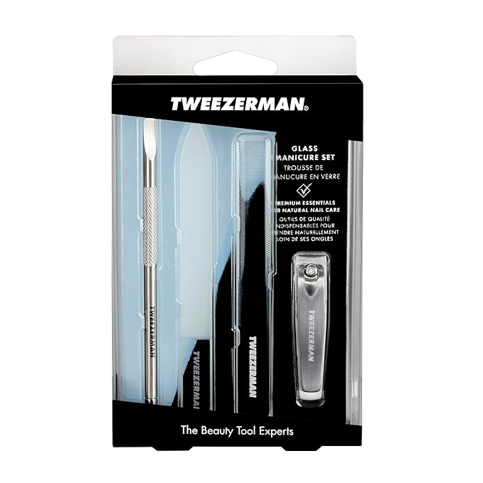 Tweezerman Glass Manicure Set Includes Nail Clipper, Cuticle Pusher, Glass Nail File, and Glass Nail Buffer