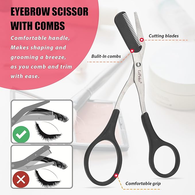 Eyebrow Trimmer Kit, 7 in 1 Eyebrow Scissors, Tweezer, Razor, Gromming Scissors Brush for Women Men, Gifts for Stocking Stuffers - Black