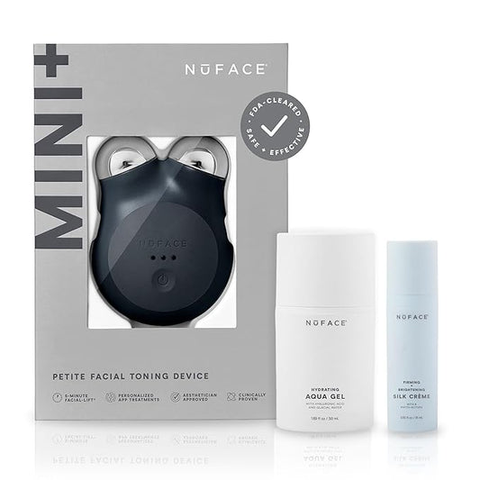 NuFACE MINI+ Microcurrent Facial Device Kit - FDA Cleared Face Sculpting & Skin Tightening Device to Contour, Lift & Tone + Microcurrent Gel Activator & Silk Creme - Midnight Black