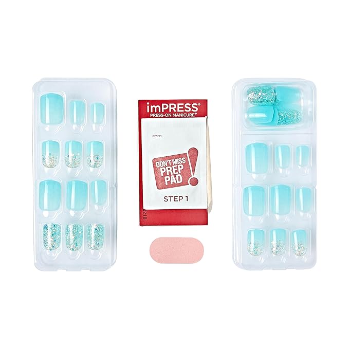 KISS imPRESS No Glue Mani Press-On Nails, Mini, 'Eternity', Medium Blue, Short Size, Squoval Shape, Includes 30 Nails, Prep Pad, Instructions Sheet, 1 Manicure Stick, 1 Mini File