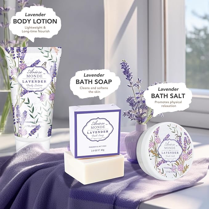 Lavender & Jasmine Scented Spa Gift Set for Women, Includes Body Lotion, Shower Gel, Salts, Bubble Bath, Body Mist, Soap, Bath Bombs