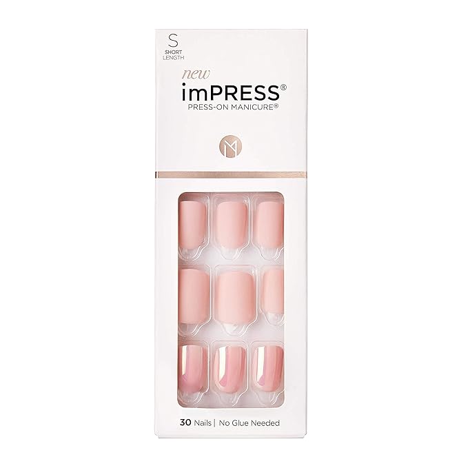 KISS imPRESS No Glue Mani Press On Nails, Design, 'Keep in Touch', Pink, Short Size, Squoval Shape, Includes 30 Nails, Prep Pad, Instructions Sheet, 1 Manicure Stick, 1 Mini File