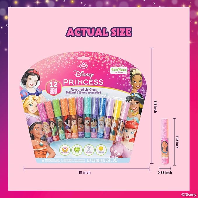 Disney Princess 12 Piece Plant Based Lip Gloss, Girls Party Favors, First Makeup Set for Girl, Perfect for Parties, Sleepovers, and Birthday Gifts, Ages 3+, by Townley Girl