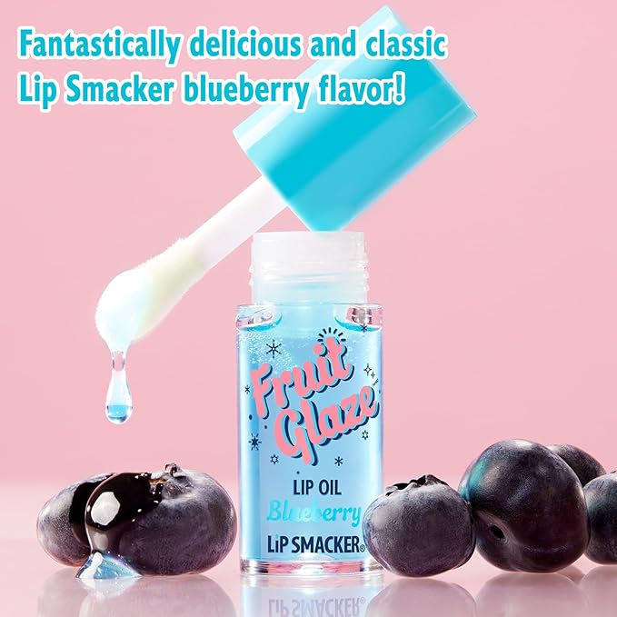 Lip Smacker Fruit Glaze Lip Oil, Ultra-Hydrating & Moisturizing with High-Shine Finish, Plush Applicator for Effortless Glide, Delicious Non-Sticky Flavor - Blueberry