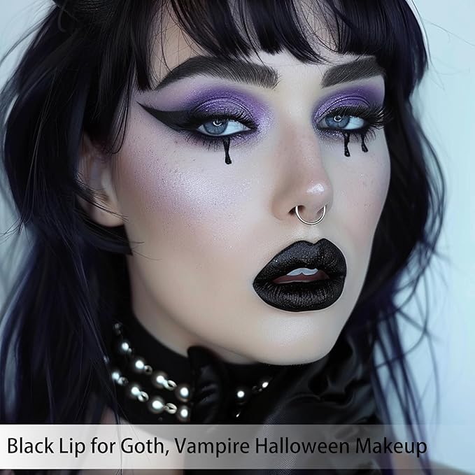 QiBest 3-in-1 Black Lipstick Set for Halloween & Goth Makeup, Matte Liquid Lipstick + Lip Gloss + Gel Lip Liner Pencil Lip Kit for 24 Hours Long Lasting & Waterproof Gothic Lip Makeup (Black Magic)