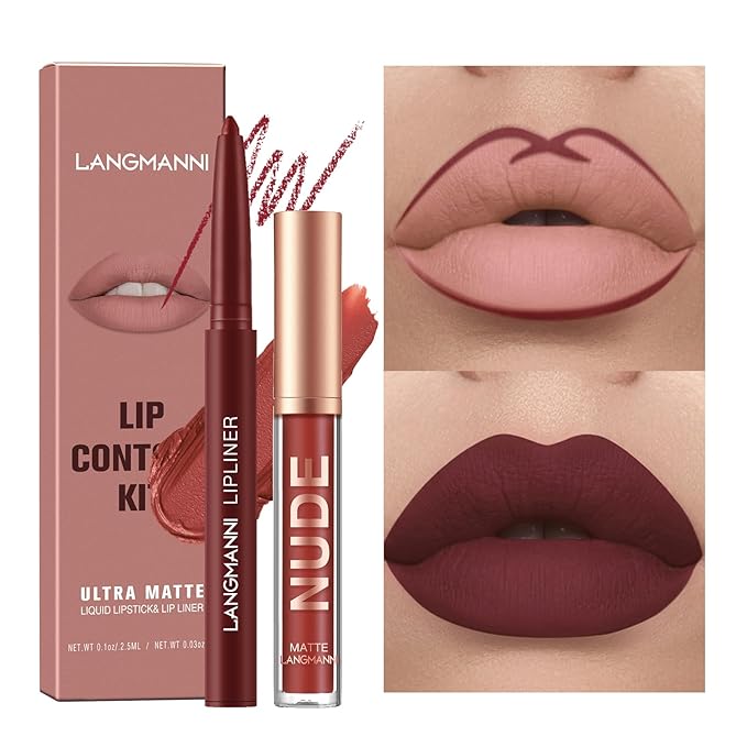 LANGMANNI 4pcs Matte Lipstick with Lipliners Durable Makeup Set,Long-Lasting Non-Stick Cup Not Fade Waterproof Pigmented Velvet Lipgloss Kit Beauty Cosmetics Makeup Gift for Girls(#2+4+6+8)