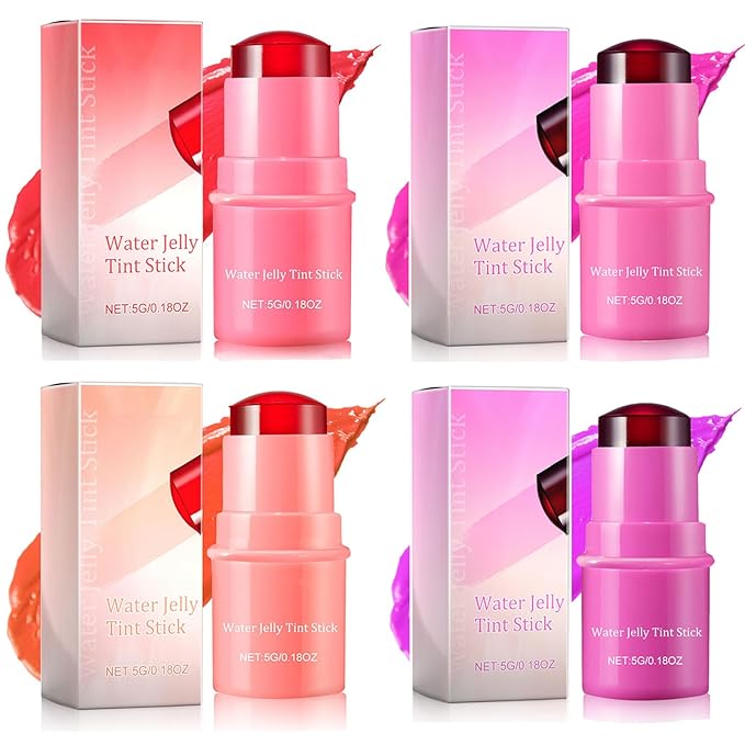 4PCS Milk Cooling Water Jelly Tint, Jelly Tint Makeup Jelly Blush Stick, Cruelty Free, Milk Jelly Blush, Blush Stick for Cheeks and Lips with Gift