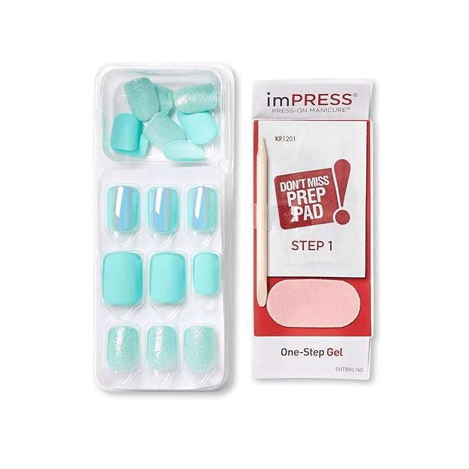 KISS imPRESS Press-On Manicure, Nail Kit, PureFit Technology, Short Press-On Nails, 'Rain Check', Includes Prep Pad, Mini Nail File, Cuticle Stick, and 30 Fake Nails (Pack of 2)