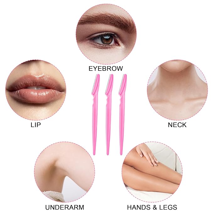 12 Pcs Eyebrow Razors, Face Razors Multipurpose, Exfoliating Dermaplaning Tools, Eyebrow Trimmers Shaver with Safety Cover, Facial Hair Removal for Women Men Body Use (Pink)