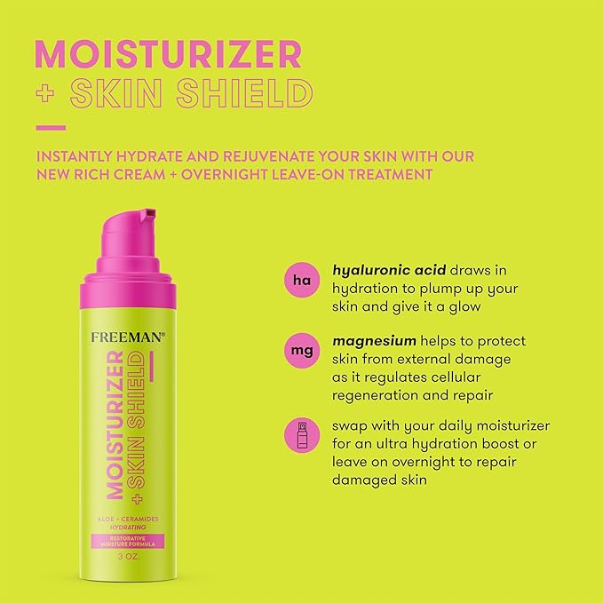Freeman Moisturizer + Skin Shield, Lightweight Moisturizer, Infused With Aloe Vera & Ceramides To Protect Skin, Soothes & Calms, & Hydrates, Face Serum Relieves Dry Skin, 3 fl.oz./ 89 mL Bottle