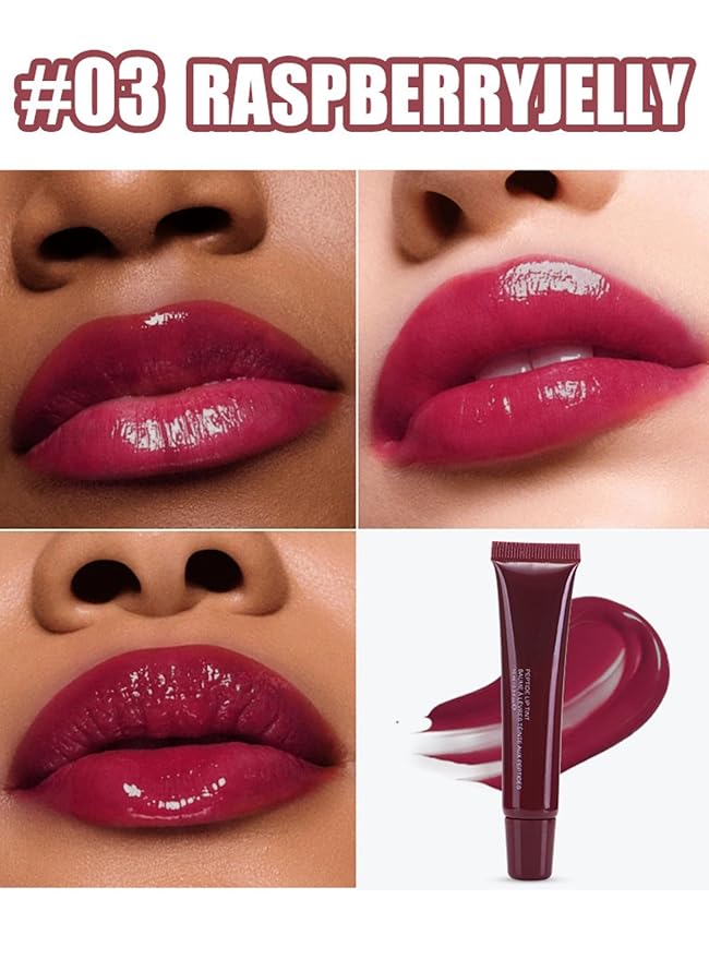 MAEPEOR Lip Glowy Balm 5 Colors Plumping Hydrating Lip Butter Balm and Nourishing Lip Care Lip Treatment Glossy Finish Non-sticky Tinted Lip Balm (03 Raspberry Jelly）
