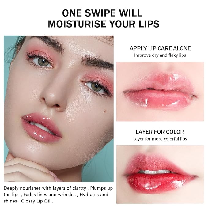 4 Pcs Plumping Lip Oil, Moisturizing Hydrating Lip Glow Oil Fruit Big Brush Head Lip Gloss Kit Smooth Glossy Finish Tinted Lip Balm, Non-sticky Fresh Texture