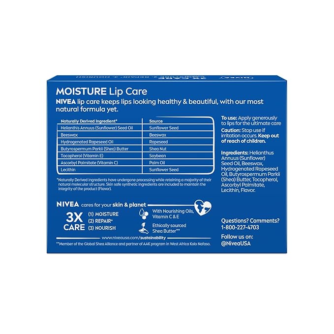 NIVEA Moisture Lip Care, Hydrating Lip Balm with Shea Butter, Nourishing Oils and Vitamin C & E, 3-in-1 Moisture, Repair and Nourish, 0.17 Oz Stick, Pack of 4