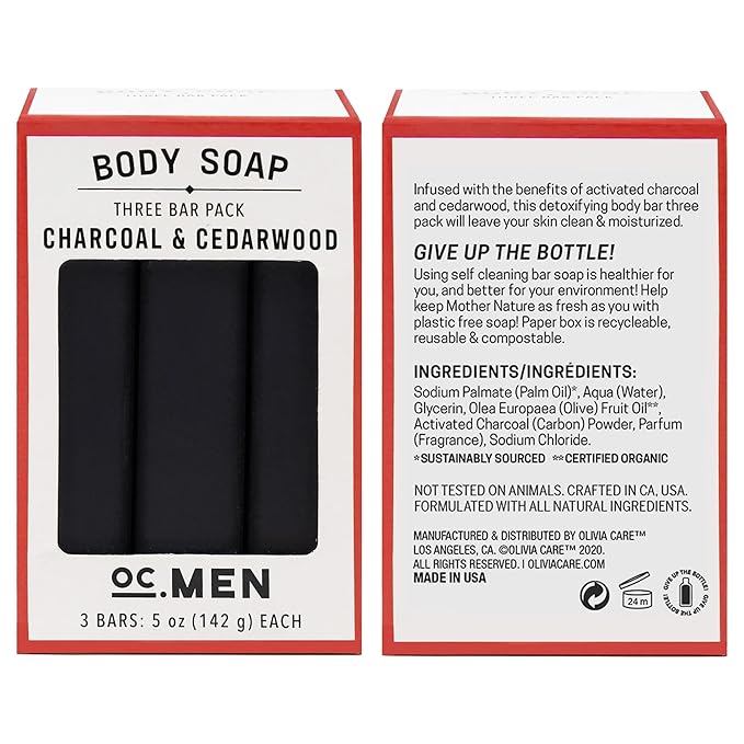 Olivia Care Activated Charcoal Cedarwood Bar Soap 3 Pack Set 100% Natural & Organic – For Face & Body - Deep Clean, Exfoliate, Moisturize & Hydrate - Amazing Masculine Fragrance - 3 X 5 OZ