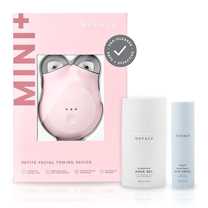 NuFACE MINI+ Microcurrent Facial Device Kit - FDA Cleared Face Sculpting & Skin Tightening Device to Contour, Lift & Tone + Microcurrent Gel Activator & Silk Creme - Sandy Rose