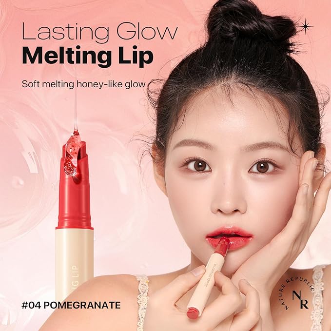 Nature Republic HONEY MELTING LIP (04 POMEGRANATE) SOFT LIP STICK, Hydrating Gloss, Moisturizing balms, Sheer tint, Shine & Glowy Finish, korean make up