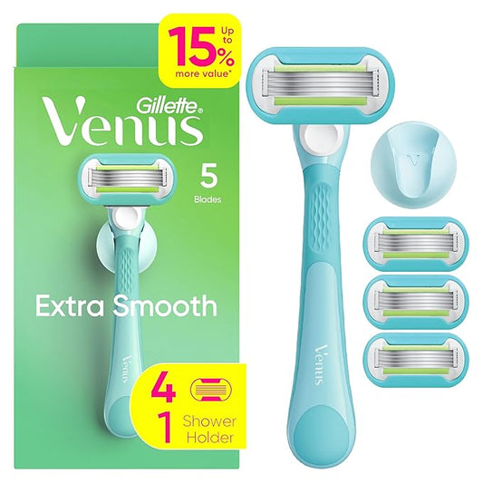 Gillette Venus Extra Smooth Razor for Women, Includes 1 Reusable Razor Handle + 4 Refills, 5-Bladed, Ergonomic No-Slip Gel Handle and Shower Holder