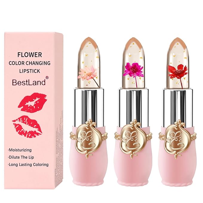 3 Pcs/Set Flower Jelly Lipstick Set Temperature Change Moisturizer Long Lasting Nutritious Balm Magic Color Change Lip Gloss (3Pcs Flower Jelly Lipstick 010203)