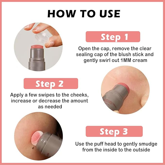 Cream Blush Stick with Sponge 3 in 1 Rose Red