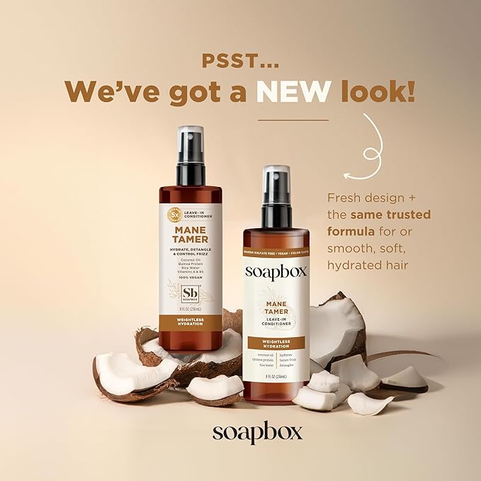 Soapbox Mane Tamer, Leave-In Conditioner Spray to Tame Frizz, Smooth Fly Aways, Hydrate, Add Shine & Detangle Dry, Damaged Hair, Paraben Free, Vegan (8oz)