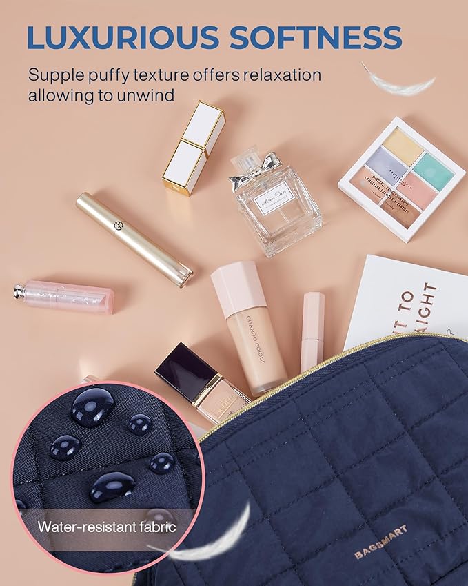 BAGSMART Makeup Bag Travel Toiletry Bag, Puffy Padded Make Up Bags for Women Makeup Organizer Case, Wide-open Pouch Purse Travel Essentials Toiletries Accessories Brushes, Navy Blue