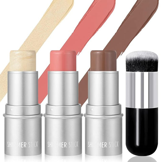 3 Pcs Cream Waterproof Blush Contour Highlighter Stick Finishing Makeup